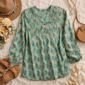 Bit & Bridle Women Teal Feather Print Pintuck Boho Blouse Top X-Large Cow Girl